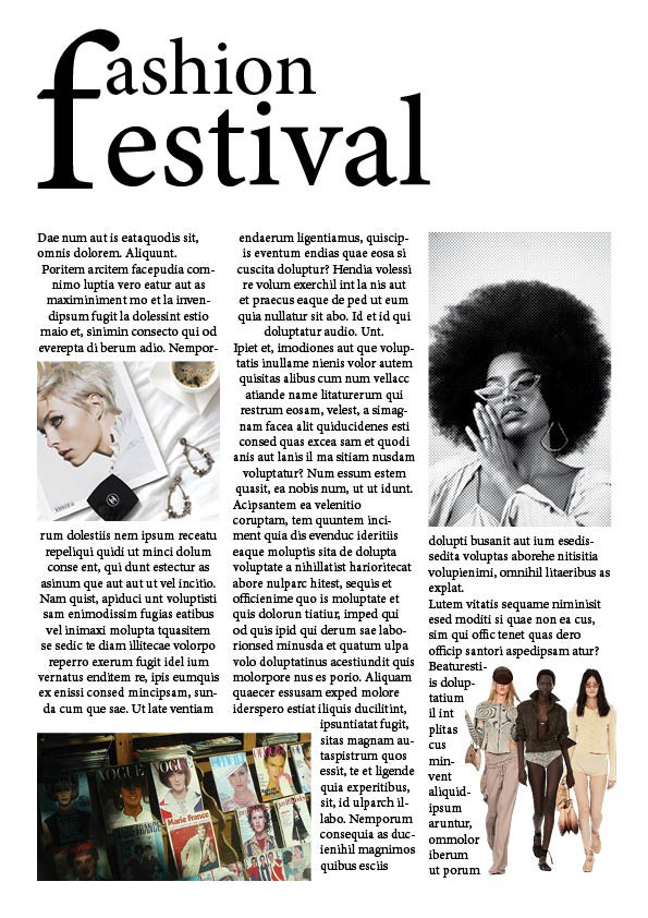 Fashion Festival magazine spread with editorial photography and placeholder text