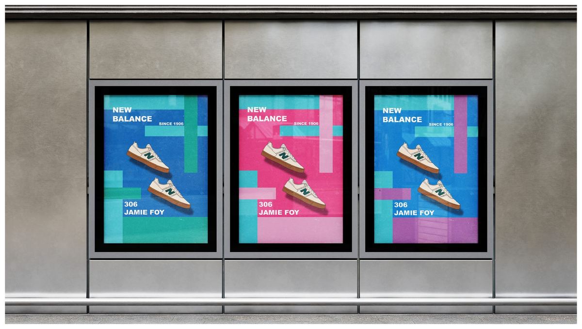Three New Balance 306 sneaker ad posters in blue, pink, and purple, displayed in illuminated storefront lightboxes